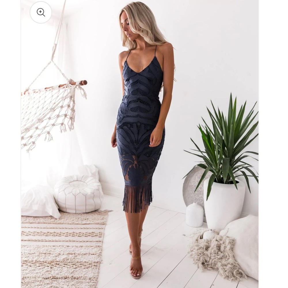 Navy lace fitted midi dress with fringe bottom